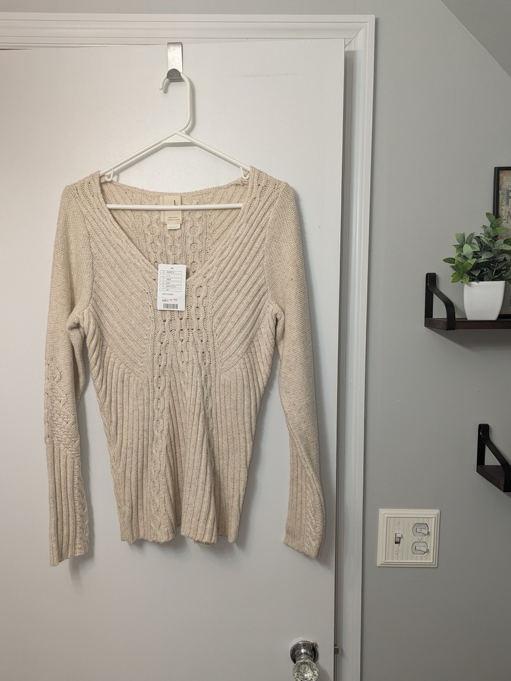 Anthropologie Cream Cable-Knit V-Neck Sweater